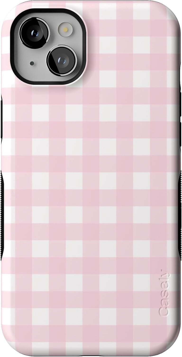 Casely iPhone 14 Case | Pink Plaid | Sunday Best | Compatible with MagSafe | Bold Protective Design