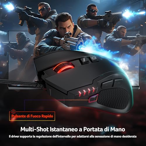 Mouse Gaming Cablato per PC, Sensore da 12800 DPI, 8 Pulsanti Programmabili con Tasti Laterali, Pulsante di Fuoco Programmabile con Macro, RGB Personalizzabile, Mouse da Gioco per MOBA/FPS - Mouse gaming - Immagine 6