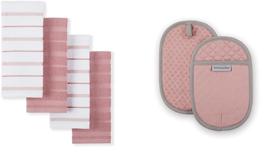 KitchenAid Albany Kitchen Towel 4-Pack Set, Dried Rose/White, 16"x26" & Asteroid Pot Holder 2-Pack Set, Dried Rose, 6.5"x10"