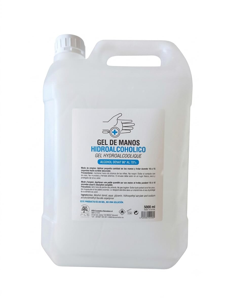 Gel Higienizante de Manos 5 Litros, Garrafa con Tapón, Higiene de Manos sin Aclarado para Uso Profesional y Doméstico