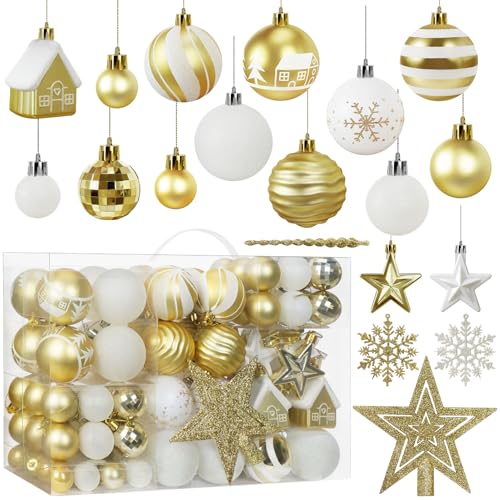 105pcs Christmas Ball Ornaments, Assorted Shatterproof Christmas Ball Set Golden Shatterproof Christmas Balls Decorations,Xmas Decorative Hanging Ornaments (Gold)