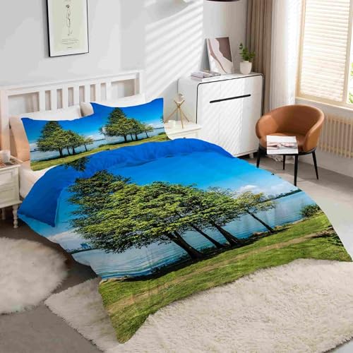 Housse de couette microfibre douce fini soigné ensemble de literie Cyprès bleu