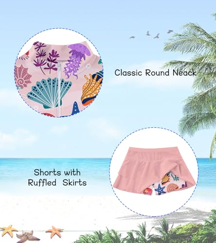 Image of Vogseek 3-12T Girls Rash Guard 2 Pieces Bathing Suit Long Sleeve Swimsuit Swimming Skirt with Shorts Swimwear