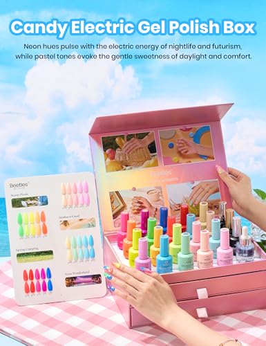 Image of Beetles Summer Gel Polish Set - Candy Electric Collection, 20 Colors 15ML Full Size Neon Pink Green Blue Red Bright Colors Gel Set 4th of July Nails with Base Top Coat UV LED Lamp Salon DIY Nails