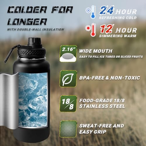 Image of 32 oz Insulated Water Bottle with Sleeve - Tactical Stainless Steel Wide Mouth Gym Water Bottles for Men Sports Workout Hiking with Pouch Gray