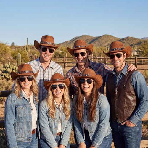 Image of Mepase 18 Pcs Cowboy Hat with Bolo Tie Sunglasses Rodeo Western Costume Accessories for Men Women Cosplay Halloween Party