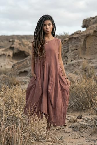 Image of Thaluta Women's Boho Cotton Sleeveless Dress Casual Loose Fit Maxi Dress with Big Pockets Fair Trade Light Summer Sundress