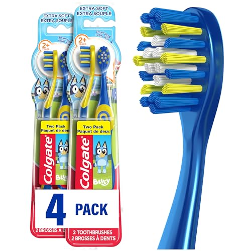 Image of Colgate Extra Soft Toothbrush for Kids, Kids Toothbrush Pack with Built in Suction Cup Toothbrush Holder, Designed for Children Ages 2 and Up, Extra Soft Bristles, Bluey, 4 Pack
