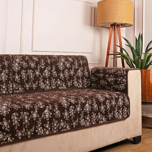Image of STITCHNEST 'Opulence Series' Floral Woven Sofa Cover for 1 Seater | Premium Soft Fabric Sofa Protector | Brown Floral Pattern with Armrest Pockets | Durable Living Room Furniture Cover