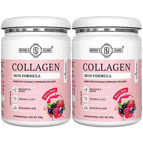 Image of Nature's Island Hydrolyzed Marine Collagen for Skin, Hair supplements for men, Women with Collagen Powder, Hyaluronic Acid, Biotin & Vitamin A, C, E - 250gm (Pack of 2 (Berry Blast))