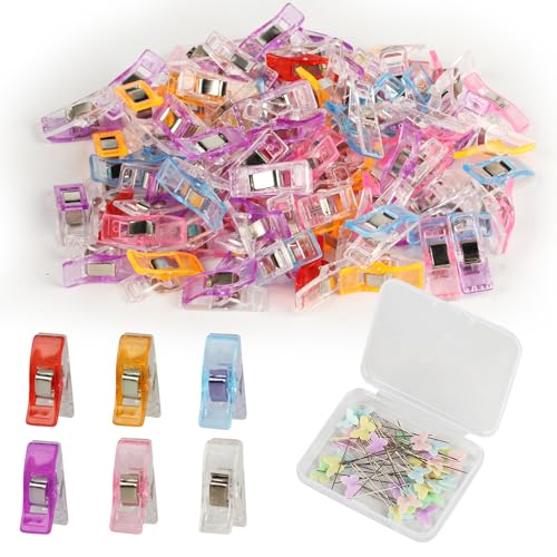 140 STK Nähklammern Stoffklammern zum Nähen Nähzubehör Kunststoff Nähclips Nähmaschinen Zubehör Mehrzweck Mehrfarbig Sewing Clips für Quilting Nähen Stofffixieren mit 40 STK Stoffnadeln