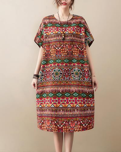 Image of LUZU JUNU Women's Summer Baggy Plus Size Loose Cotton Linen Long Boho Beach Dress with Pockets