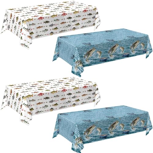 Image of QIYANPAX 4 Pack Fish Tablecloths, Fishing Birthday Party Decorations, Gone Fishing Plastic Tablecloths for Bass Ofishally One Birthday Decorations, 54 inch x 108 inch