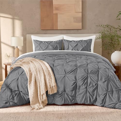 Image of Andency Oversized King Pinch Pleat Comforter Set (120 inchx98 inch),3 Piece Lightweight Pintuck Bedding Comforters & Sets, Fluffy Down Alternative Comforter with 2 Pillow Shams for All Season,Medium Gray