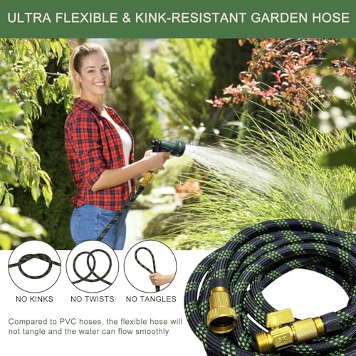 Garden Hose 50 ft, Non-Expandable Flexible Water Hose with 10 Function Spray Nozzle, Lightweight, Leak Proof, Kink-Free, Portable Hose for Outdoor, Yard, Lawn, High-Density Fabric, Black Green — view 6