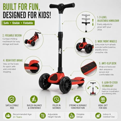 Image of MiniExplorer Rio Kids Kick Scooter for Boys & Girls 3-12 Years - Red | Adjustable Height Foldable Scooter with Rear Brake & Anti-Slip Deck | 3 Wheel /2 Wheel Outdoor Scooter for Kids
