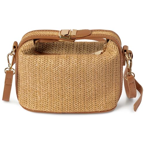 PANTIDE Women's Brown Woven Bag - Summer Straw Cross-Body Tote Bag for Girls Straw Clutch Handbag with Zipper Inner Pocket Adjustable Strap for Travel Work Daily Use Top Handle Shoulder Beach Hobos