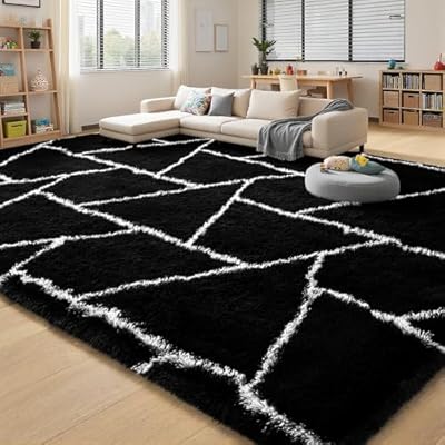 FALARK Fluffy Area Rugs for Living Room Bedroom, Modern Geometric 4x6 Feet Black Rug, Soft Plush Shaggy Fuzzy Floor Bedside Carpet for Nursery Kids Girls Boys Teen Dorm Home Office Decor