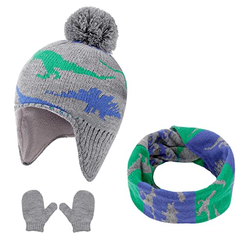 Image of ACTLATI Winter Dinosaur Boy Winter Hat Scarf Mittens Set Warm Beanies Earflap Fleece Pompom Lining Cap for Toddler Kids