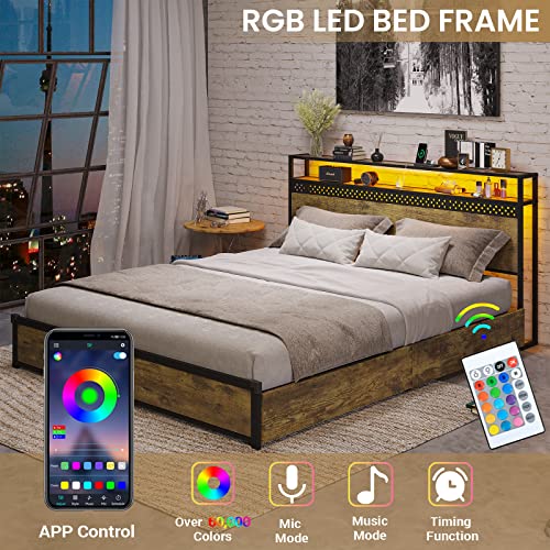 Adorneve Led Bed Frame Full Size With Charging Outlets And 2-Tier Storage Headboard, Metal Platform Bed With Storage Drawers, Full Bed Frame With 2 Led Lights,No Box Spring Needed,Vintage Brown #TOP3