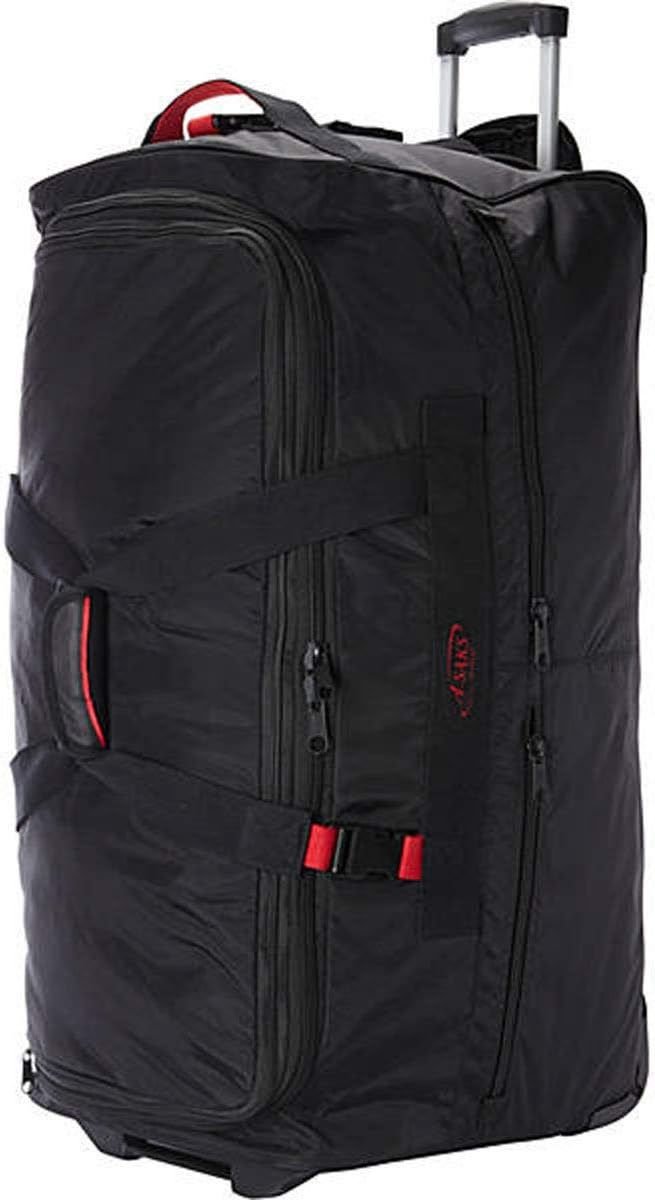 A.SAKS Rolling Trolley Duffel Bag 31-Inch Large Check-In, Expandable with 2-Wheels and Telescoping Handle for Easy Traveling, Lightweight and Durable, Black with Red Details