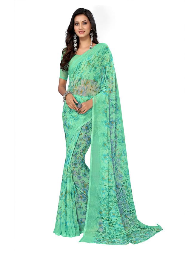 Image of SIRIL Women's Floral Printed Georgette Saree With Unstitched Blouse Piece (3143S824 Turquoise)