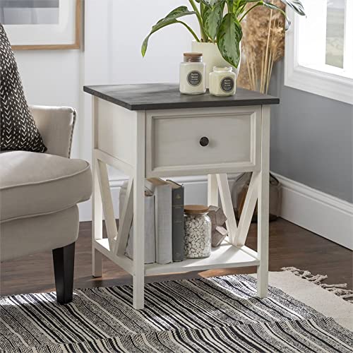 Walker Edison Natalee Modern Farmhouse 1 Drawer Wood Square Side Table Living Room Small End Accent Table, 19 Inch, Grey And White #TOP1