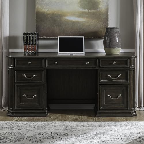 Liberty Furniture Providence Park Jr Executive Credenza Desk with Locking File Storage Drawers Traditional Home Office - Chateau Brown Hickory Wood