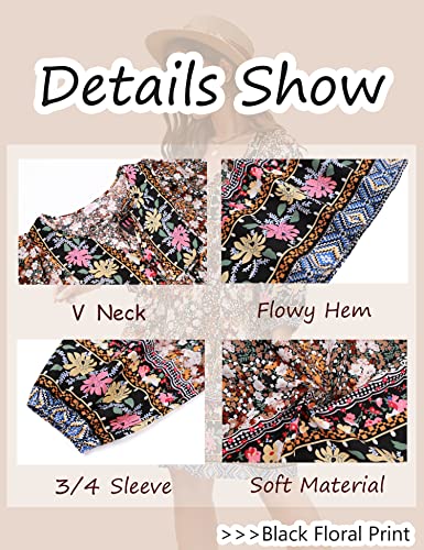 Image of Bluetime Women Casual Summer Dress Boho V Neck 3 /4 Sleeve Babydoll Floral Print Flowy Beach Dress