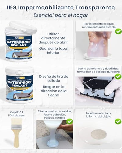 Miniatura 6 de Revestimiento Impermeable Definitivo 1kg, Tufinein Sellador Invisible Impermeable Transparente Interiores Y Exteriores, Liquido Impermeable Transparente Pintura Al Agua
