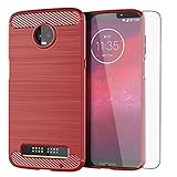Asuwish Phone Case for Moto Z3 / Z3 Play with Tempered Glass Screen Protector Cover and Slim Thin Soft TPU Cell Accessories Protective Motorola MotoZ3 Z 3case 3 3Z Z3play Women Men Carbon Fiber Red