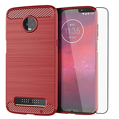 Asuwish Phone Case for Moto Z3 / Z3 Play with Tempered Glass Screen Protector Cover and Slim Thin Soft TPU Cell Accessories Protective Motorola MotoZ3 Z 3case 3 3Z Z3play Women Men Carbon Fiber Red