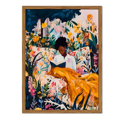 Framed Black Woman Reading Wall Art, Boho Black Girl Colorful