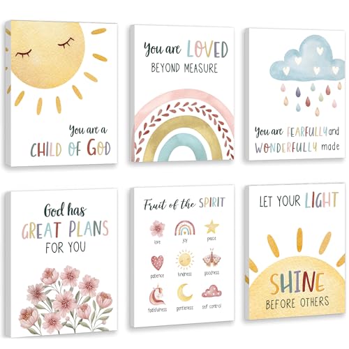HOURIA Kids Bible Verses Wall Decor,Inspirational Christian Wall Art,Set Of 6 (8’’X10’’) Rainbow Scripture Canvas Wall Art For Nursery Bedroom Classroom Sunday School Decor,Christian Gifts For kids