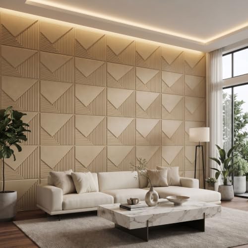 Image of Kayra Decor 3D PVC Wall Panels for Bedroom & Living Room | Plaina Design | Mega Greige Color | 19.7 x 19.7 Inch | Pack of 18 | 42.48 Sq Ft