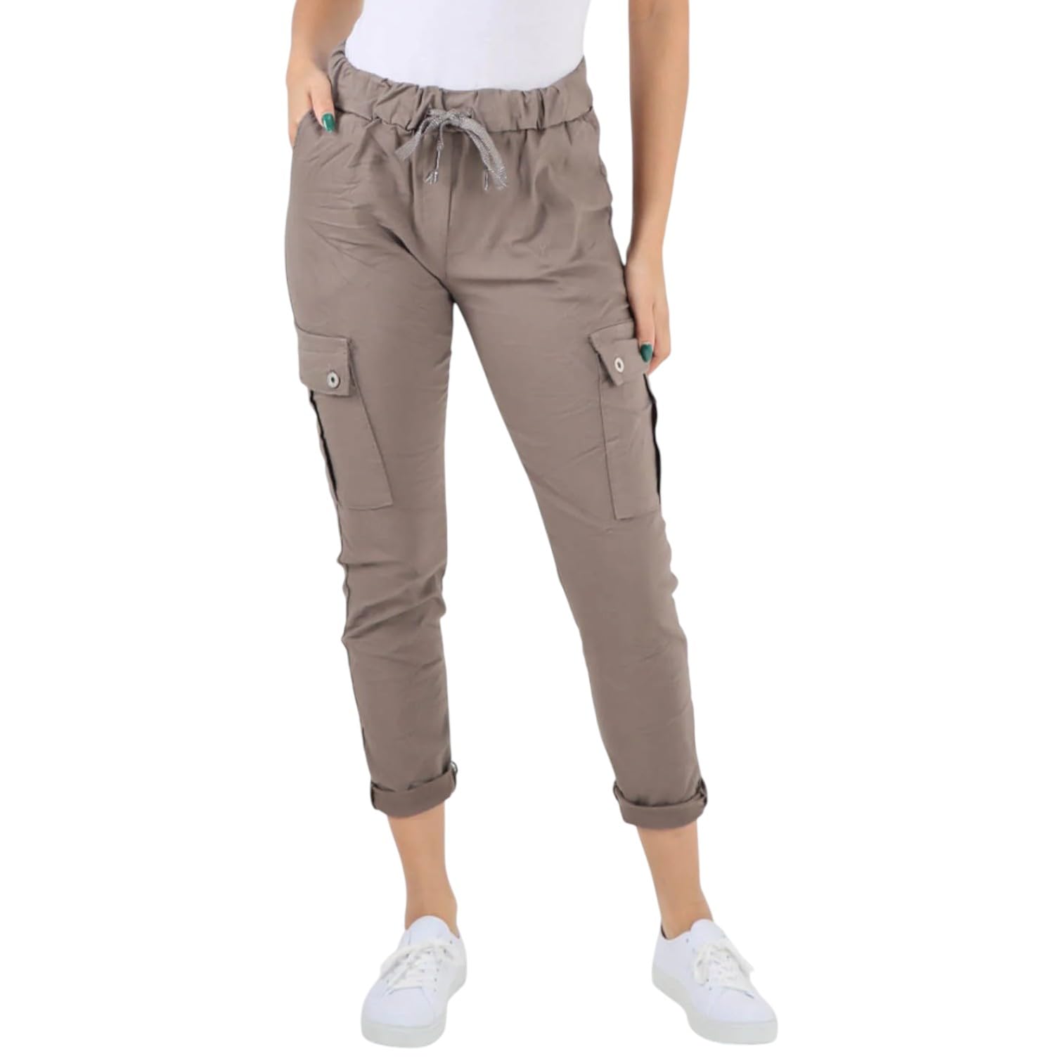 SXME MIGHT SAY Italian Drawstring Waistband Magic Cargo Trousers for Women – Stylish, Comfortable & Versatile Everyday Pants (UK, Numeric, 8, 14, Regular, Regular, Mocha)