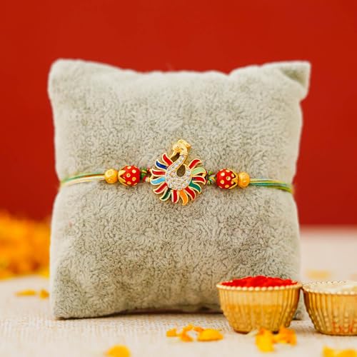 Image of eCraftIndia Set of 7 Rakhi Combo Hamper | Multicolor Om Ganesha Swastik Rudraksha Pearls Religious Designer Rakhis | Roli Chawal Pack
