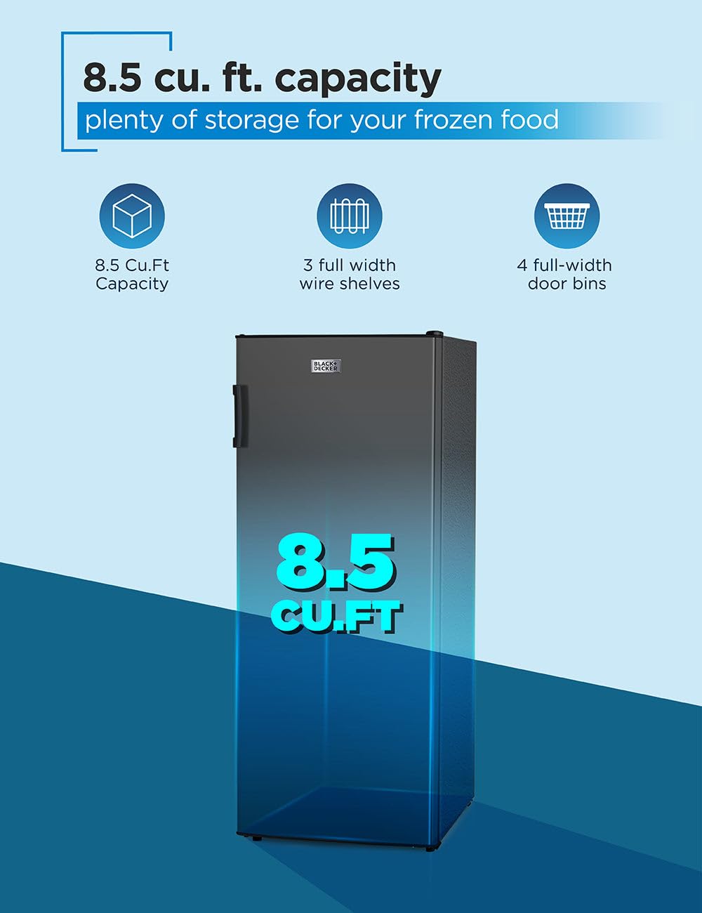 Black+Decker 8.5 Cu. Ft. Upright Freezer, Stand Up Freezer With Mechanical Temperature Control, Freezer Upright With 3 Shelves And 4 Door Bins, Manual Defrost, R600a Refrigerant, Buf850lb, Black on Fridge.com - View 2