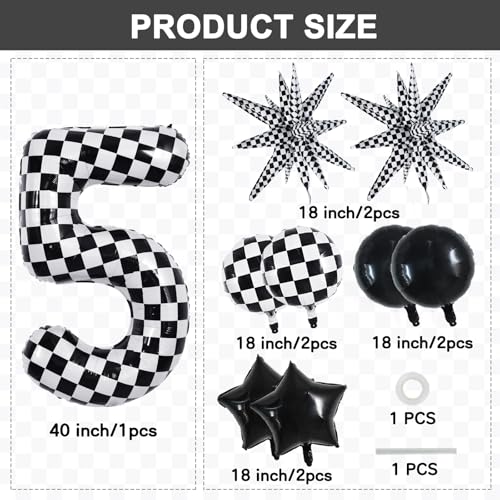 Image of TONIFUL 5th Birthday Balloons Kit 40 Inch Checkered Number 5 Foil Balloon