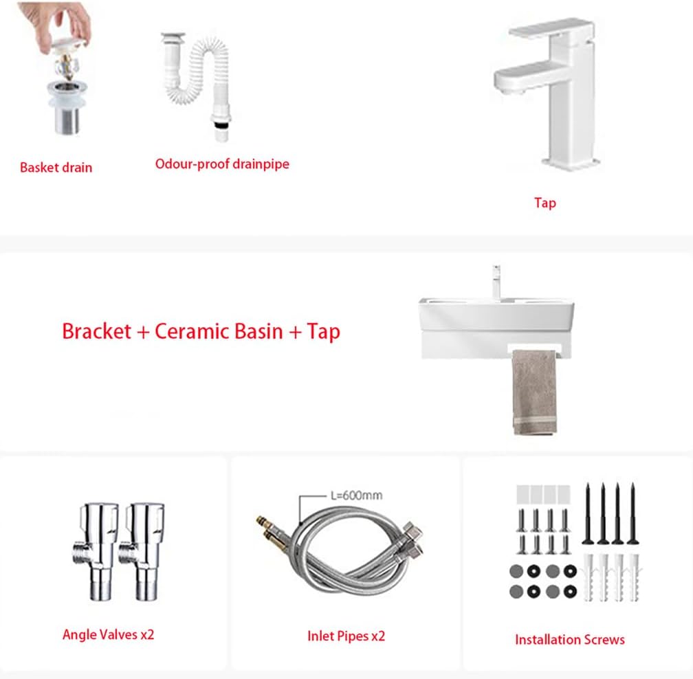 Large Wall Mount Bathroom Vessel Sink with Stainless Steel Bracket Rectangular Floating White Porcelain Ceramic Wash Basin with Tap&Drain for Tiny Home RV,White,L70*H28.5*W39
