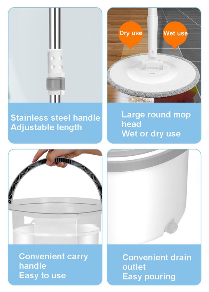Balai essoreur et Seau pour la Maison, Balai et Seau avec essoreuse, Deux Compartiments, séparation Automatique de l'eau Sale et Propre avec 2 recharges en Microfibre