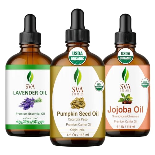 Image of SVA Pumpkin Seed, Lavender, and Jojoba Oil 4 oz Bundle Super Saver Combo - Value Set for Hair Oiling, Scalp Massage, Hair Care, Skin Care and Body Massage