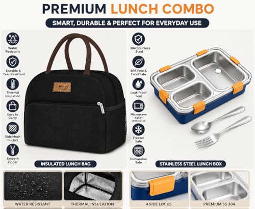 Image of Misamo Enterprise Lunch Box with Insulated Lunch Bag Combo, 3 Compartment Stainless Steel Lunch Box with Spoon & Fork, Reusable Lunch Set for Office, School & Travel (Black Bag+Blue Lunch Box)
