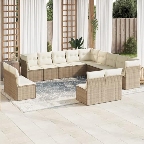QJBSAVVA 13-teiliges Gartenmöbel Set Beige Poly Rattan Ecksofa...