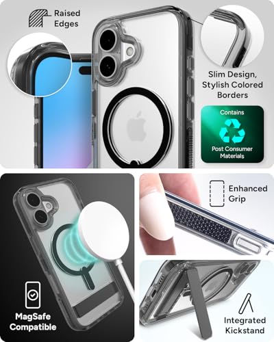 Image of ZAGG Santa Cruz Snap Case for with Kickstand iPhone 16 - MagSafe Compatible, 13ft Military-Grade Drop Protection, Reinforced with Graphene, Slim Clear Case with Vibrant Color Accents, Black