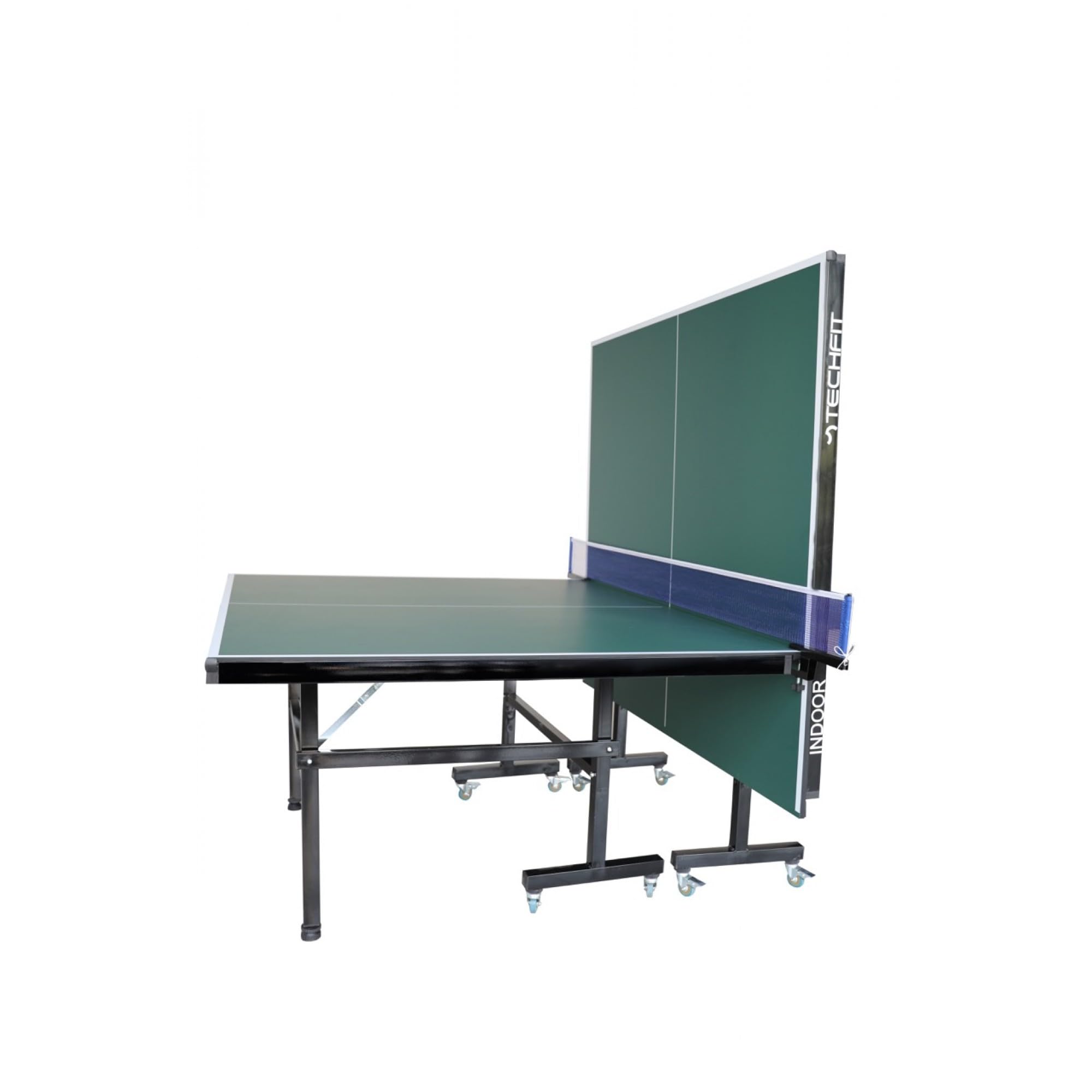 Techfit Tischtennisplatte Klappbar für Innen, 274x152,5x76 cm, 3tecMDF Premium Blat, Faltbar mit SMS System, Metallrahmen Schwarz, Stabil, Rollbar, Unilateral Neigungsfunktion