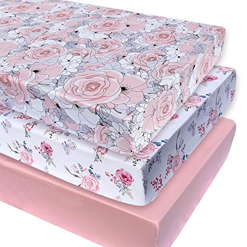 Image of JAROSY Ultra Soft Crib Sheets Fitted 3 Pack, 9'' Deep Pocket Baby Girls Sheets for Standard Crib and Toddler Bed Mattress, Luxurious Toddler Sheets Set, Florals & Pink
