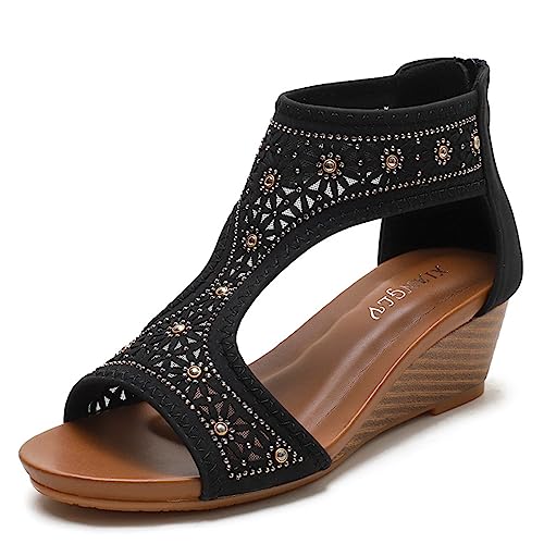 Women's Rhinestone Wedge Roman Orthopedic Sandals with Back Zipper,Fashion Vintagel Gladiator Platform Open Toe Dress Beach Party Walking High Heels Sandals (Black,7.5)