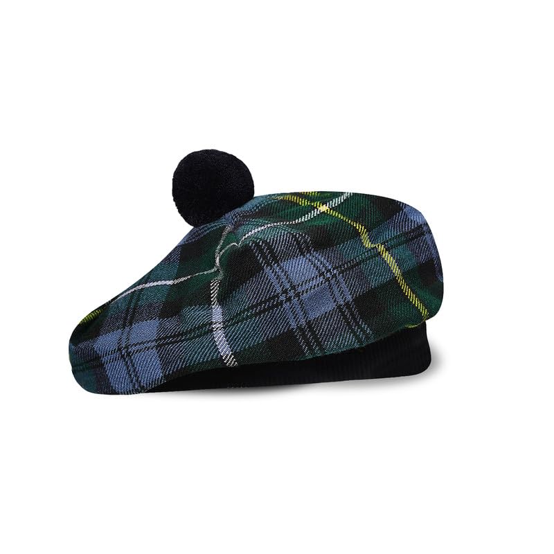Image of Scottish Tam O' Shanter Hat Tartan Bonnet Pom Pom Wool Flat Cap One Size