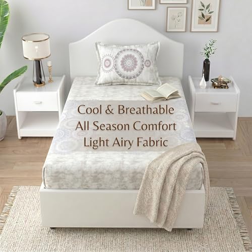 Image of Mafatlal 186 TC Spring Glory Graceful Pure Cotton Single Flatsheet (60 x 90 Inch) | Breathable Summer Comfort | Wrinkle-Free Floral Bedsheet with 1 Pillow Cover, Floral White